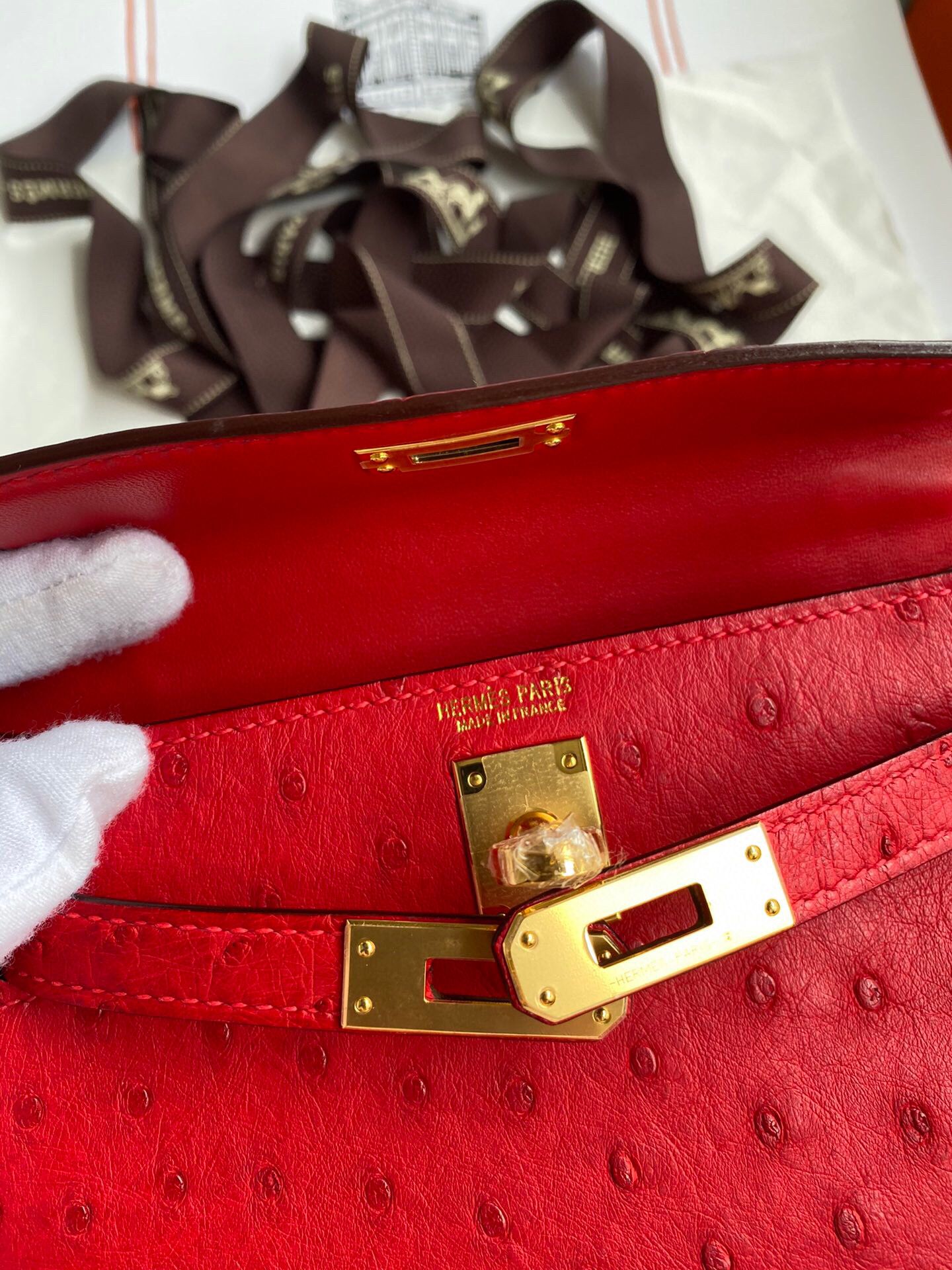 Hermes Kelly Mini II Sellier Handmade Bag In Red Ostrich Leather - Image 6