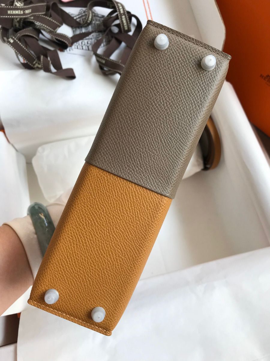 Hermes Kelly Mini II Sellier Tri-color Bag In Taupe/Sesame/Blue Nuit Epsom Calfskin - Image 4