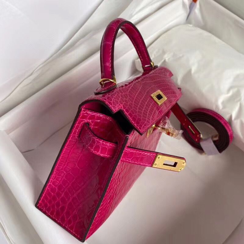 Hermes Kelly Mini II Handmade Bag In Rose Red Alligator Crocodile - Image 8