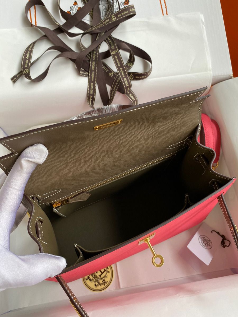 Hermes Kelly Sellier 25 Bicolor Bag in Rose Extremea nd Taupe Epsom Calfskin - Image 9