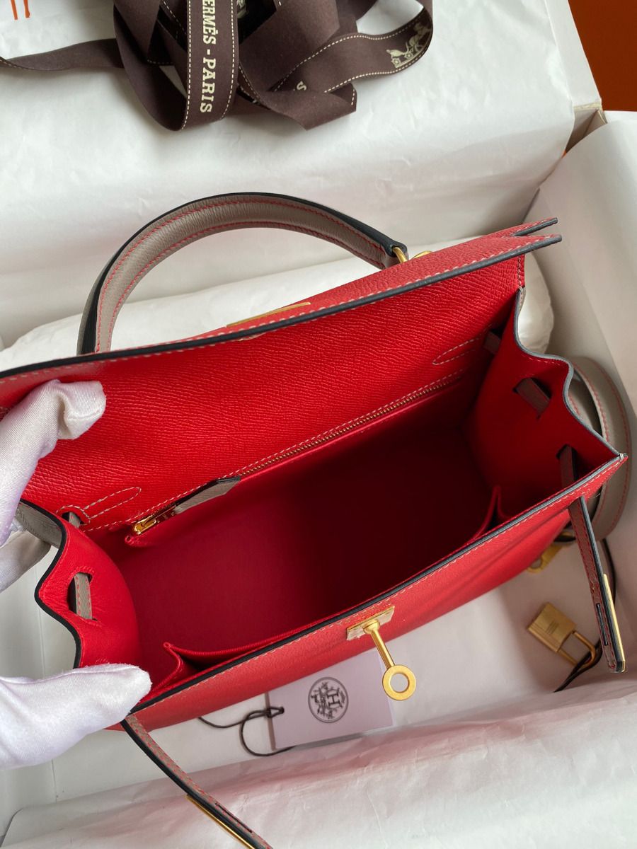 Hermes Kelly Sellier 25 Bicolor Bag in Red and Etain Epsom Calfskin - Image 9