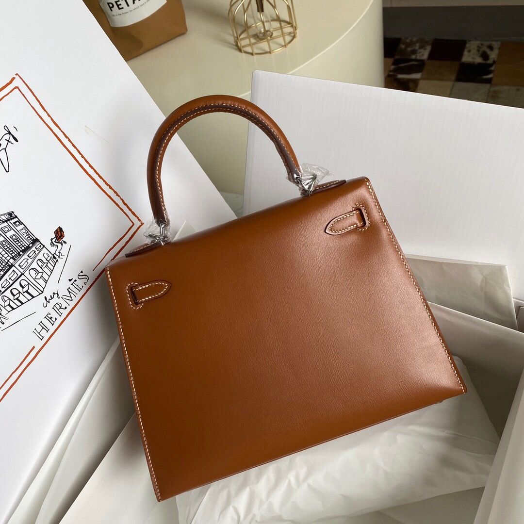 Hermes Kelly Sellier 25 Handmade Bag in Caramel Box Calfskin - Image 5