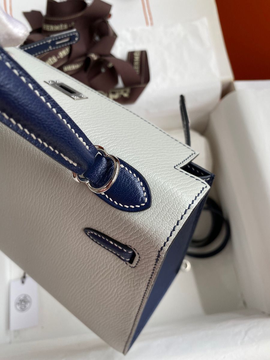 Hermes Kelly Sellier 25 Bicolor Bag in Pearl Grey and Blue Mysore Goatskin - Image 7