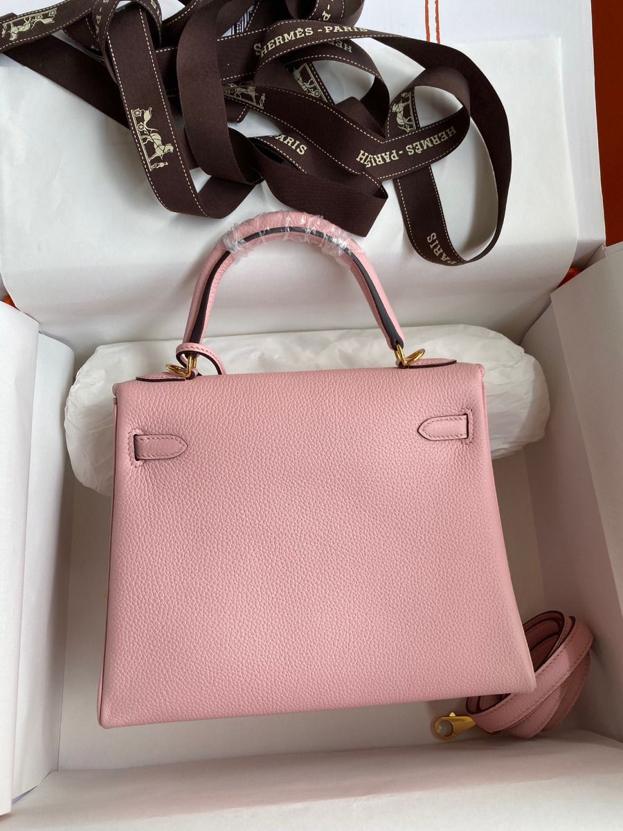 Hermes Kelly Retourne 25 Handmade Bag In Rose Sakura Clemence Leather - Image 3