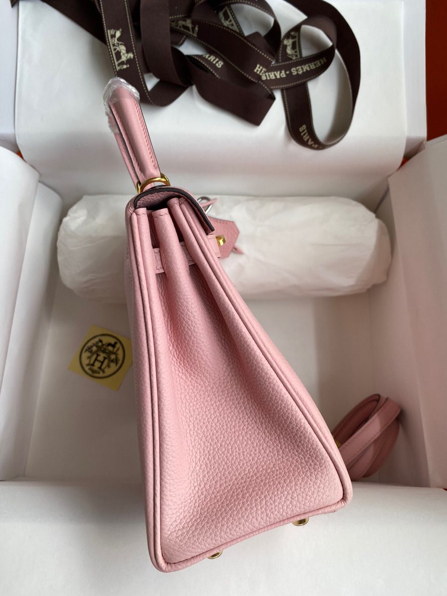 Hermes Kelly Retourne 25 Handmade Bag In Rose Sakura Clemence Leather - Image 6