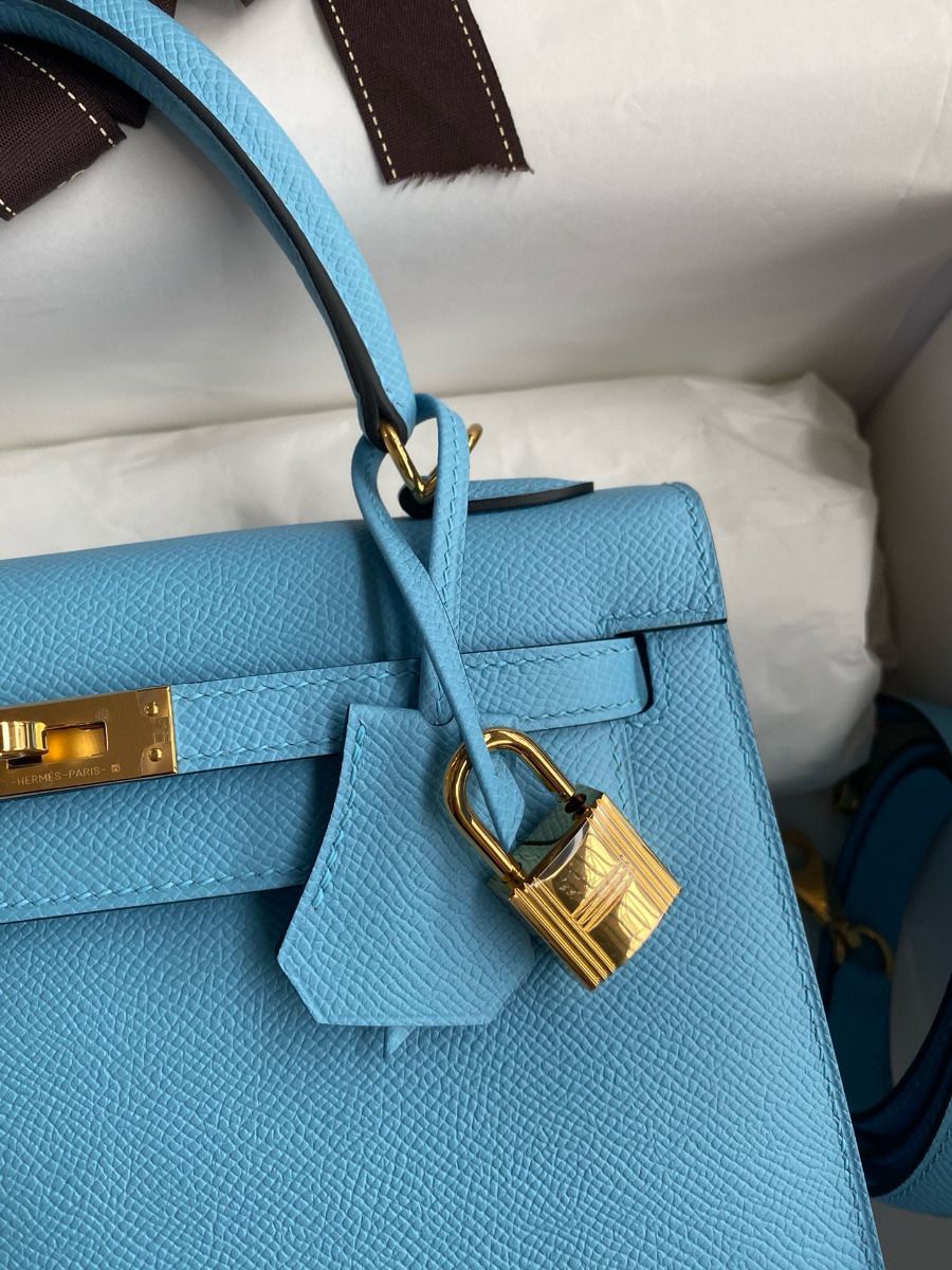 Hermes Kelly Sellier 25 Handmade Bag In Blue Candy Epsom Calfskin - Image 4