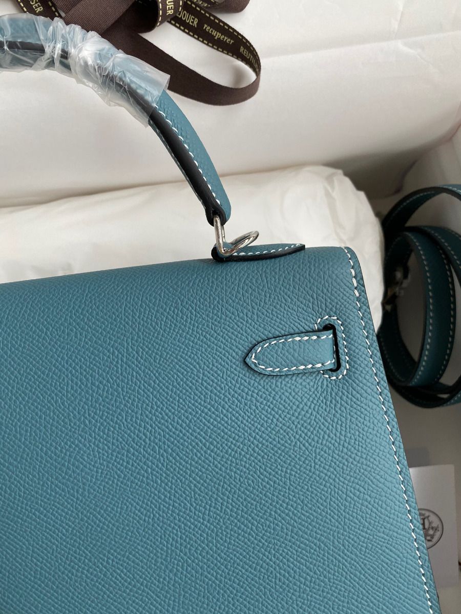 Hermes Kelly Sellier 25 Handmade Bag In Blue Jean Epsom Calfskin - Image 5