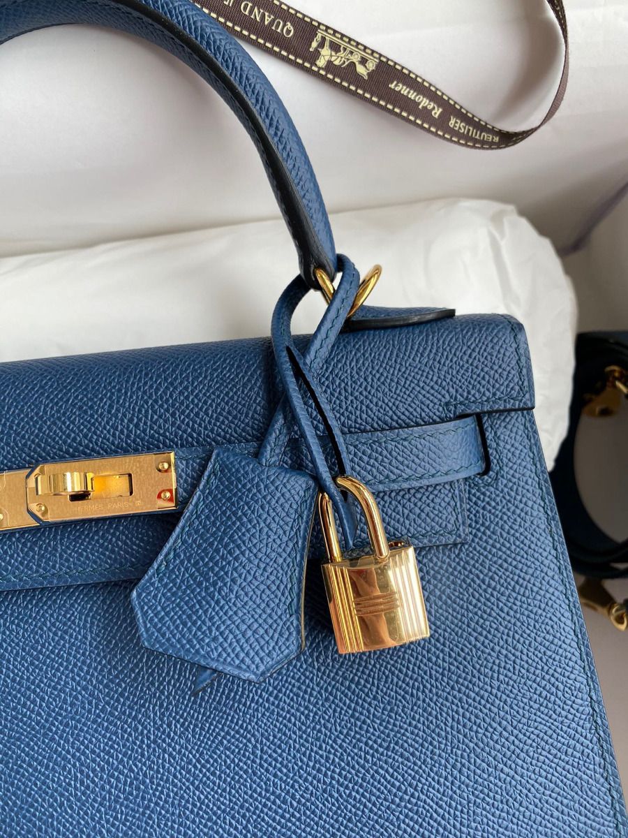Hermes Kelly Sellier 25 Handmade Bag In Deep Blue Epsom Calfskin - Image 4