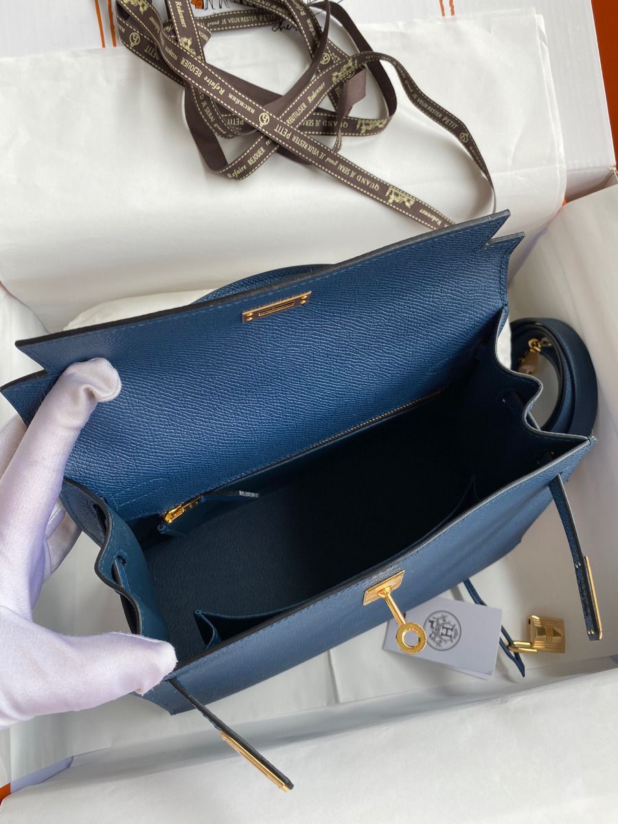 Hermes Kelly Sellier 25 Handmade Bag In Deep Blue Epsom Calfskin - Image 9
