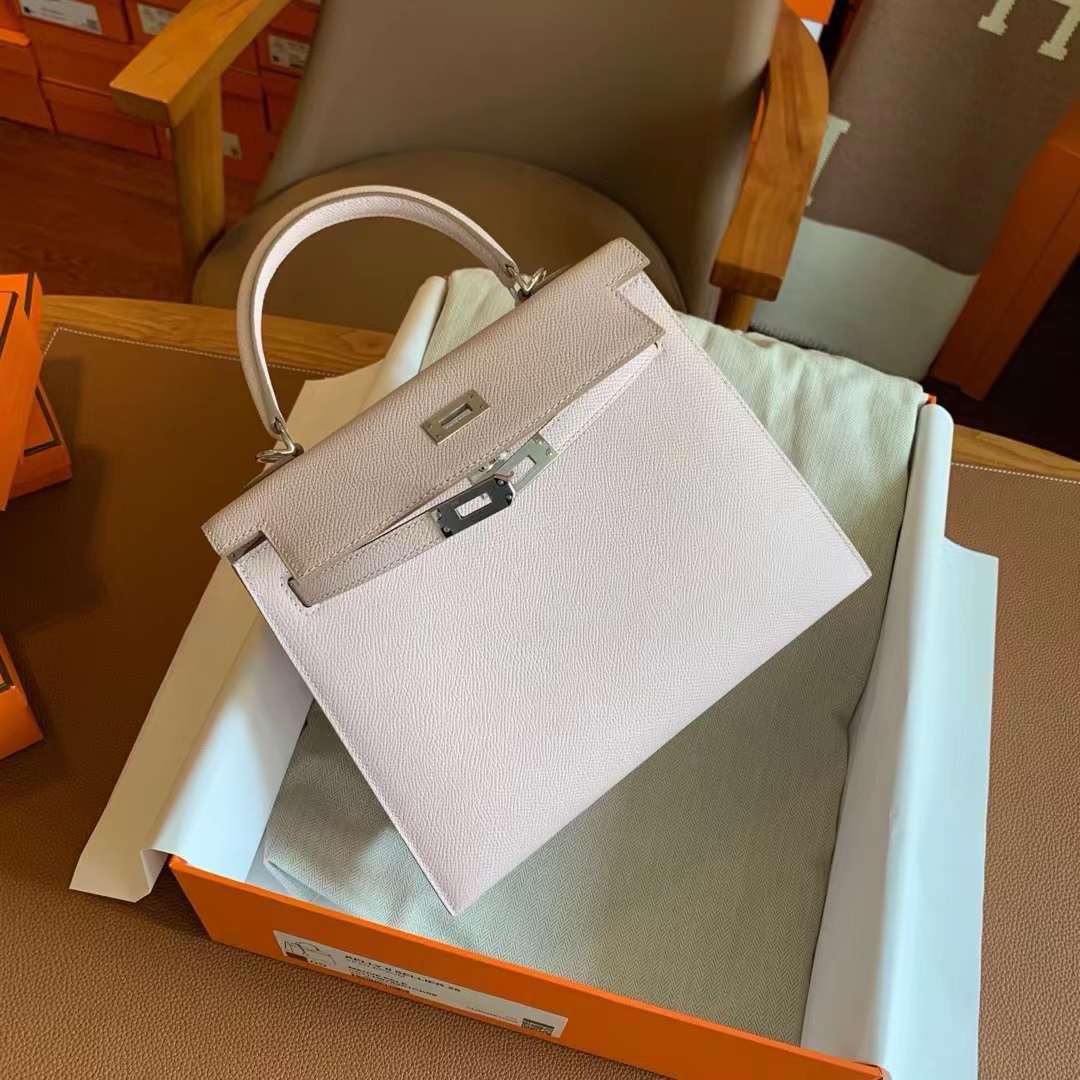 Hermes Kelly Sellier 25 Handmade Bag In Mauve Pale Epsom Calfskin - Image 7