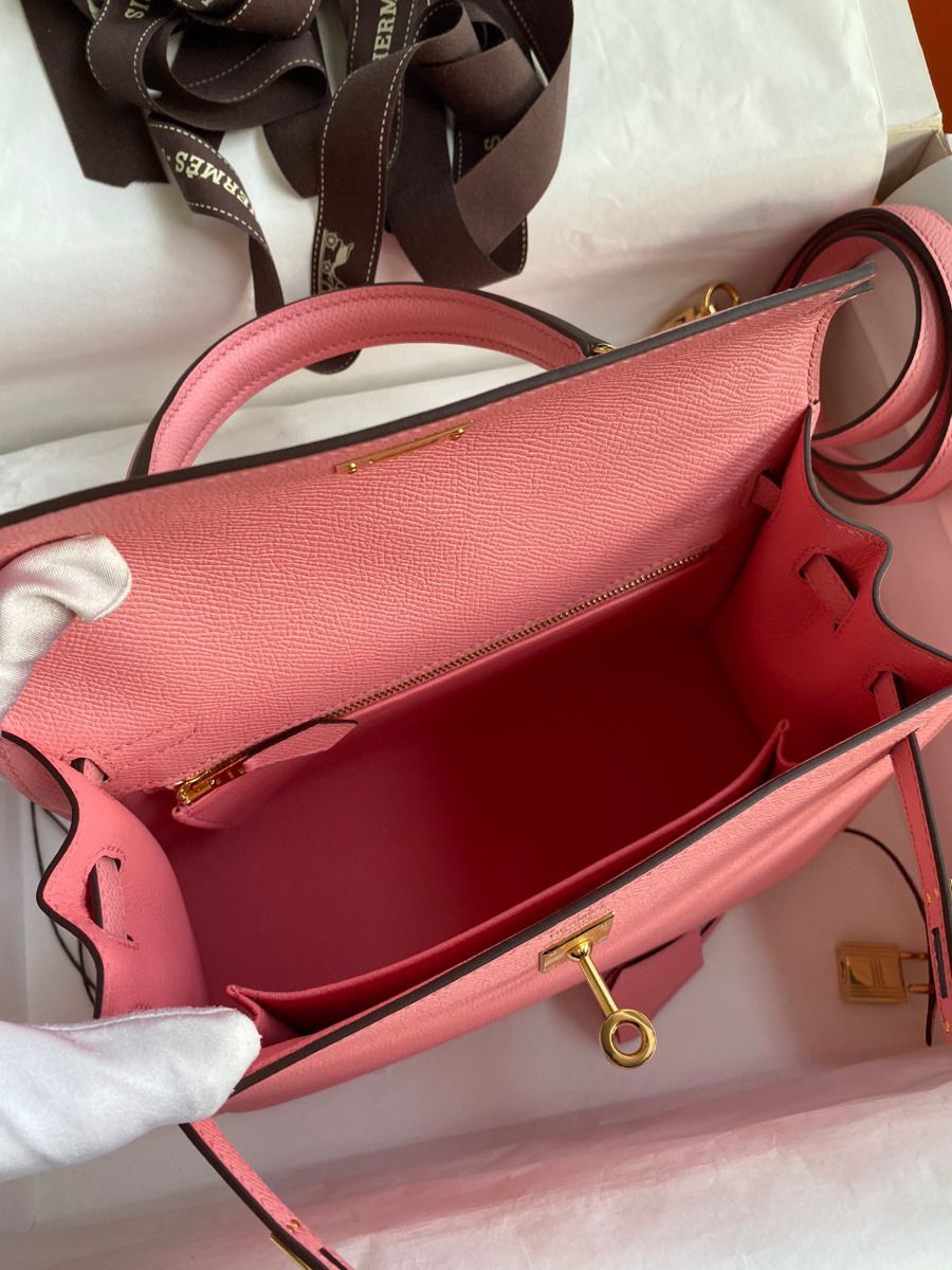 Hermes Kelly Sellier 25 Handmade Bag In Rose Confetti Epsom Calfskin - Image 9