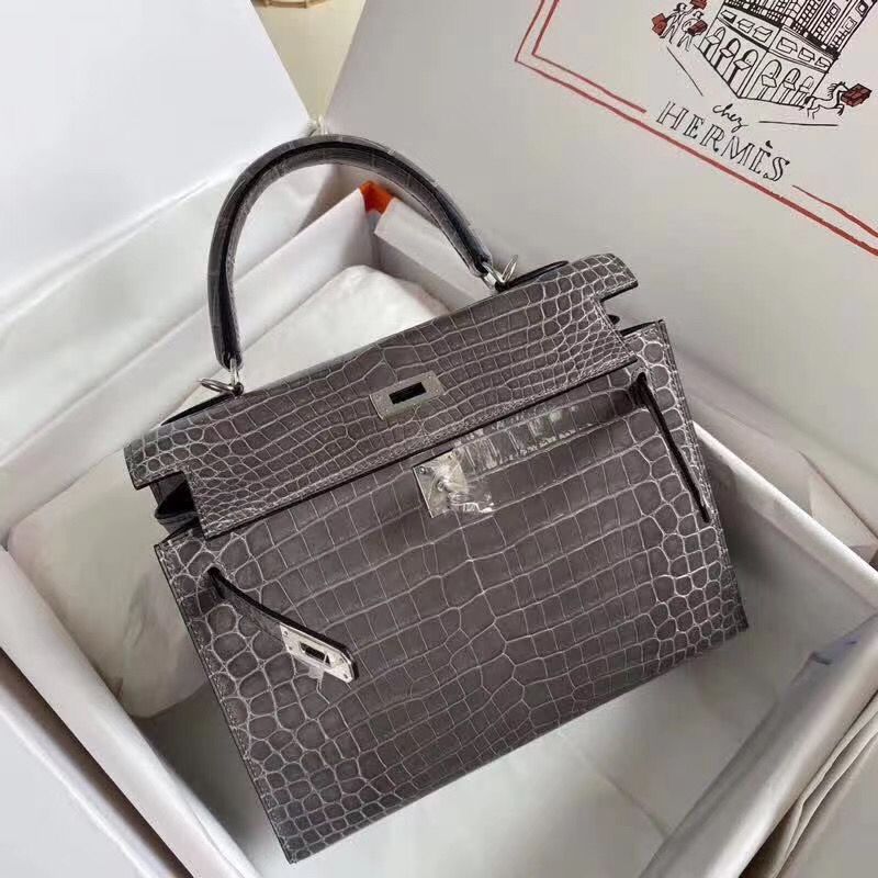 Hermes Kelly Retourne 25 Handmade Bag In Taupe Crocodile Niloticus Shiny Skin - Image 9