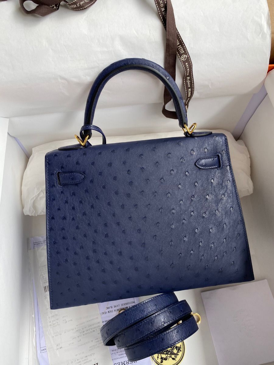 Hermes Kelly Sellier 25 Handmade Bag In Blue Iris Ostrich Leather - Image 3