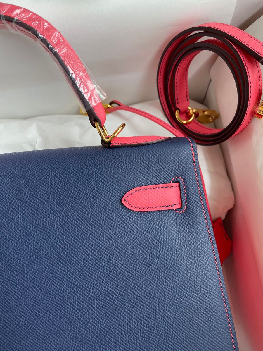 Hermes Kelly Sellier 28 Bicolor Bag in Blue Saphir and Rose Lipstick Epsom Calfskin - Image 5