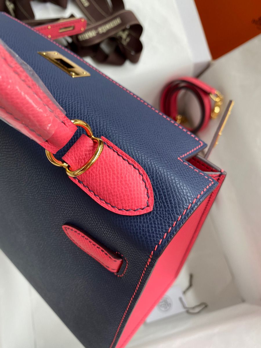 Hermes Kelly Sellier 28 Bicolor Bag in Blue Saphir and Rose Lipstick Epsom Calfskin - Image 7