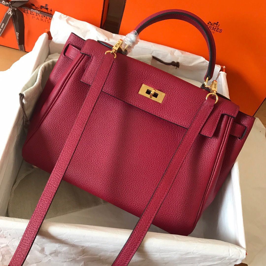 Hermes Kelly Retourne 28 Handmade Bag In Ruby Clemence Leather - Image 9