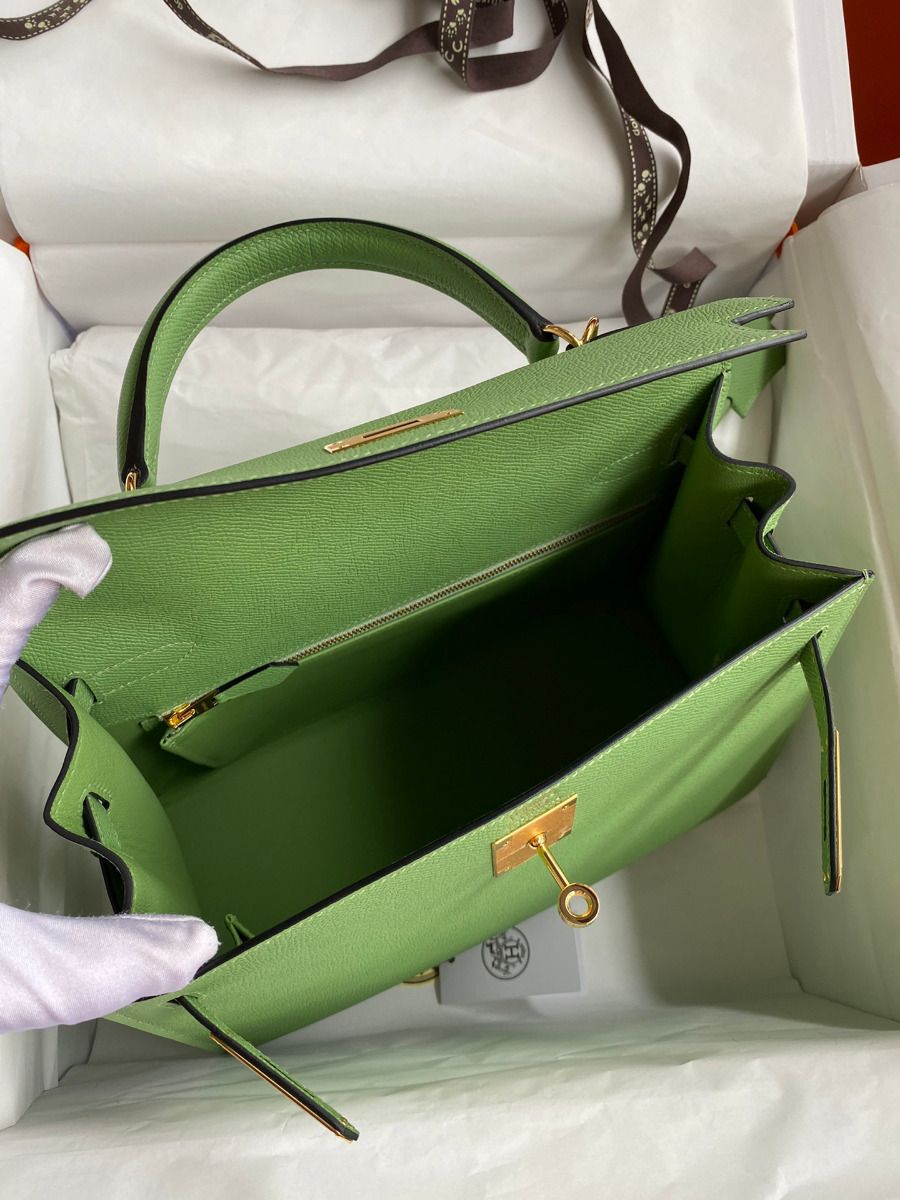 Hermes Kelly Sellier 28 Handmade Bag In Vert Criquet Epsom Calfskin - Image 9