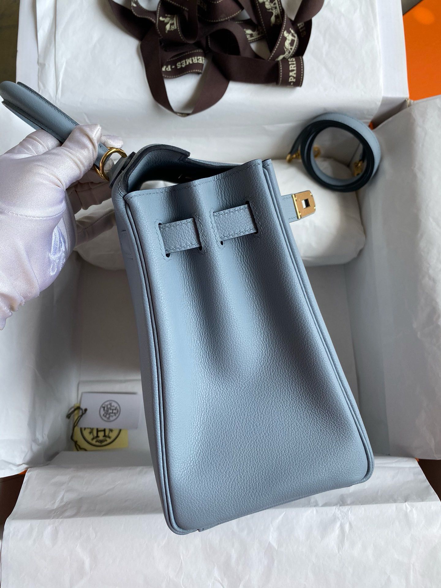 Hermes Kelly Retourne 28 Handmade Bag in Blue Lin Evercolor Calfskin - Image 6