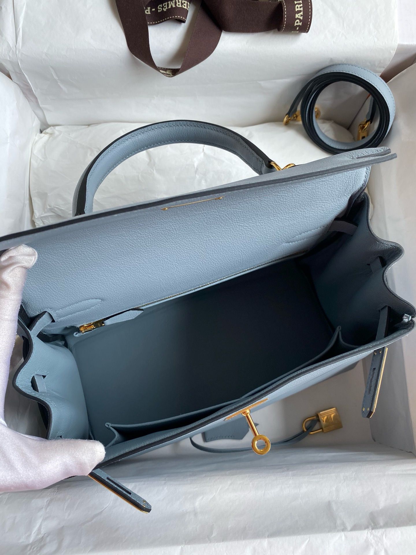 Hermes Kelly Retourne 28 Handmade Bag in Blue Lin Evercolor Calfskin - Image 9