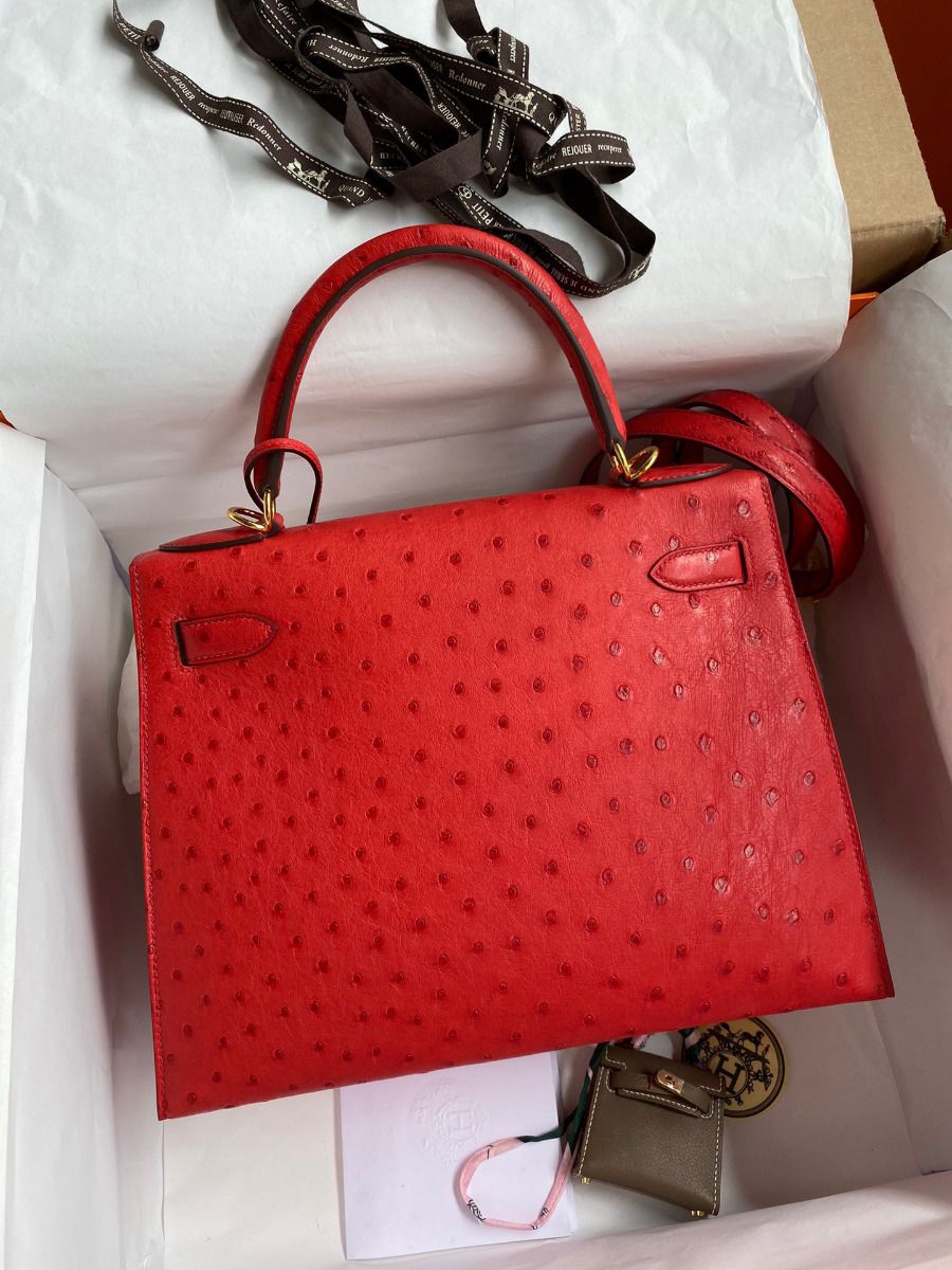 Hermes Kelly Sellier 28 Handmade Bag In Red Ostrich Leather - Image 3