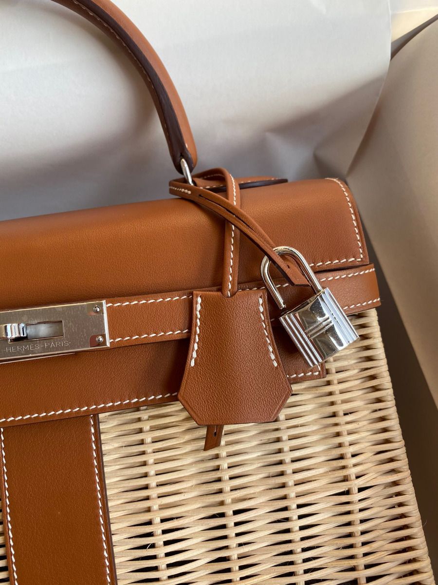 Hermes Picnic Kelly 28cm Bag in Wicker with Barenia Leather - Image 4
