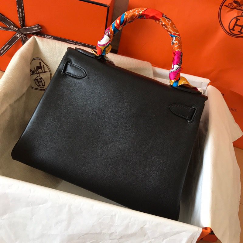 Hermes Kelly Retourne 28 Handmade Bag In Black Swift Calfskin - Image 4