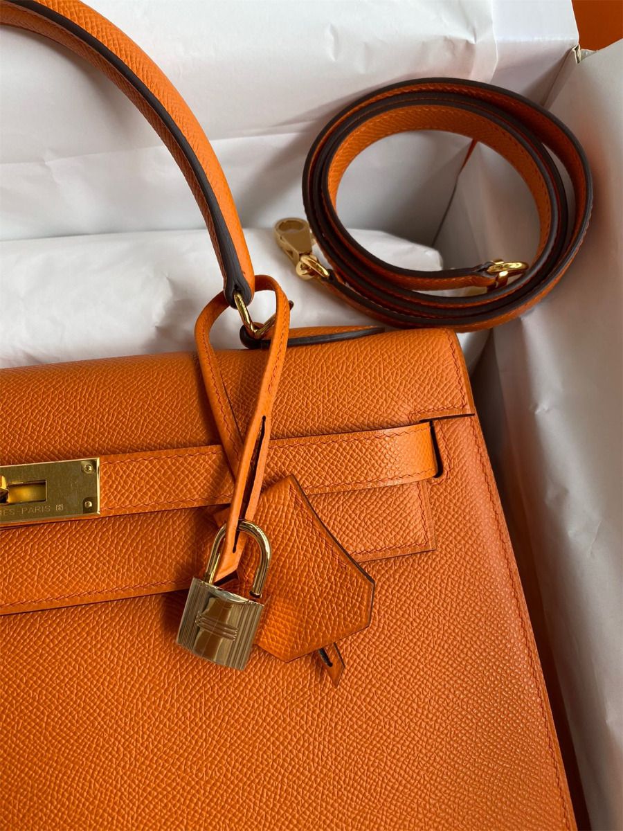Hermes Kelly Sellier 32 Handmade Bag In Orange Epsom Calfskin - Image 4