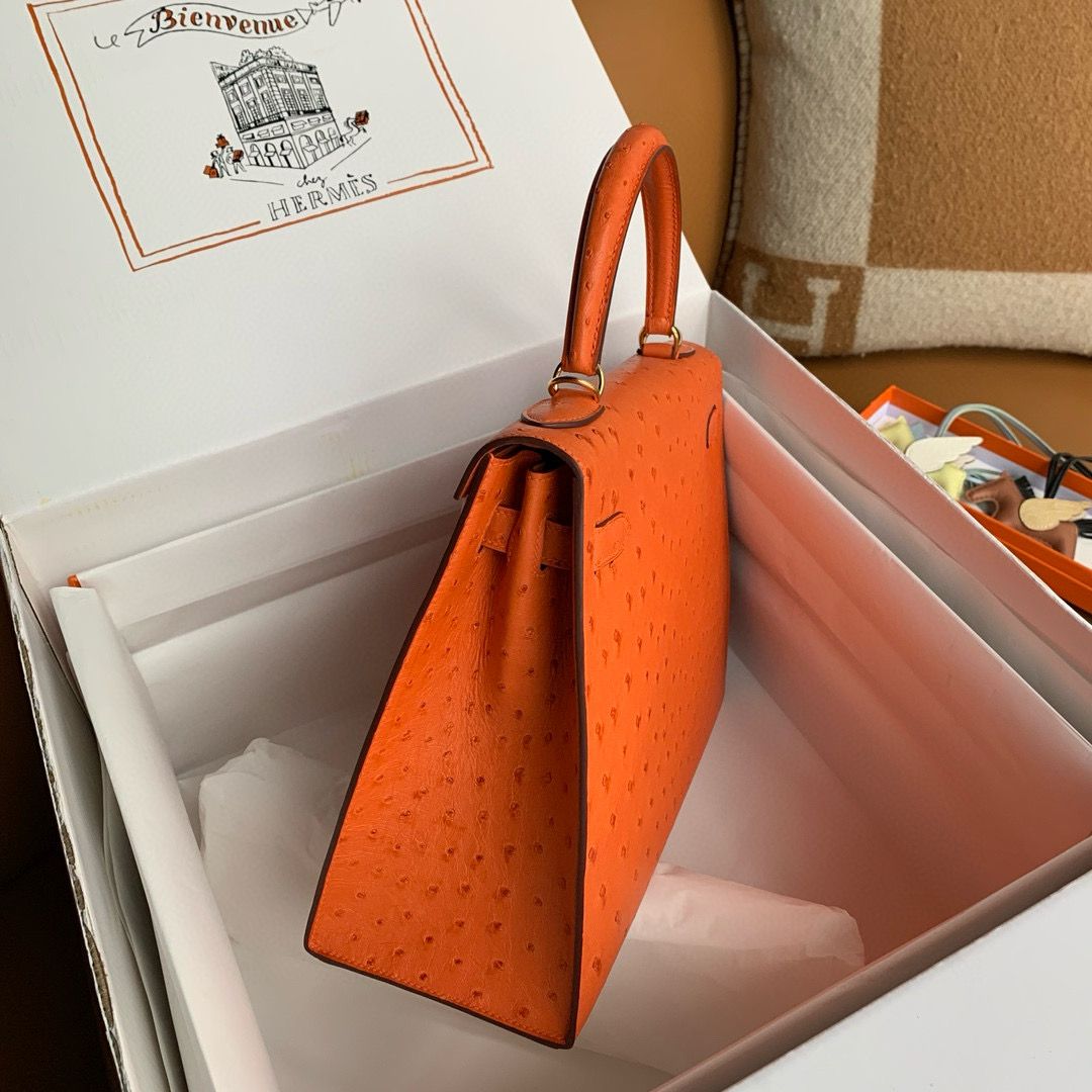 Hermes Kelly Sellier 32 Handmade Bag in Orange Ostrich Leather - Image 5