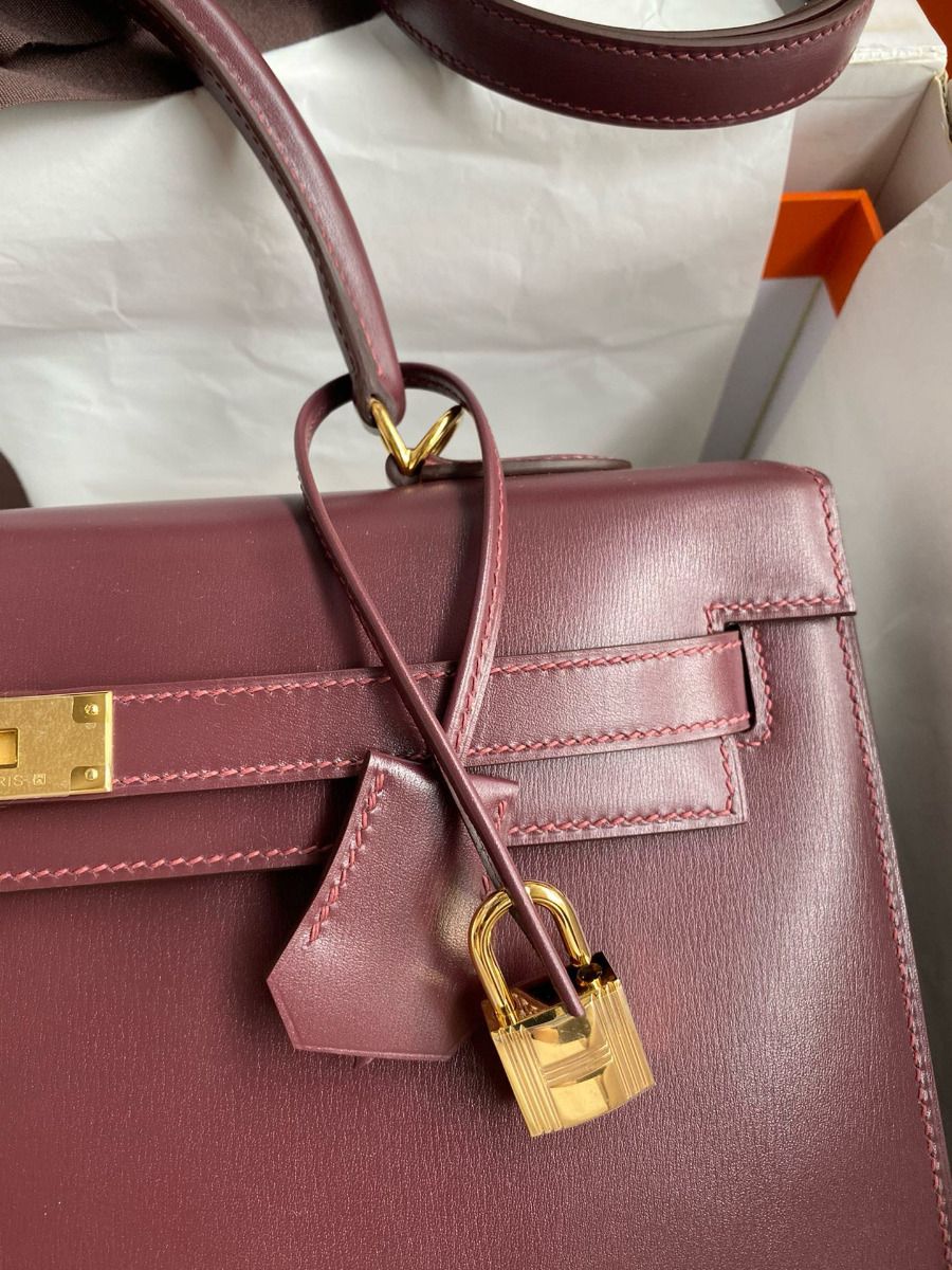 Hermes Kelly Sellier 35 Handmade Bag In Bordeaux Box Calfskin - Image 4