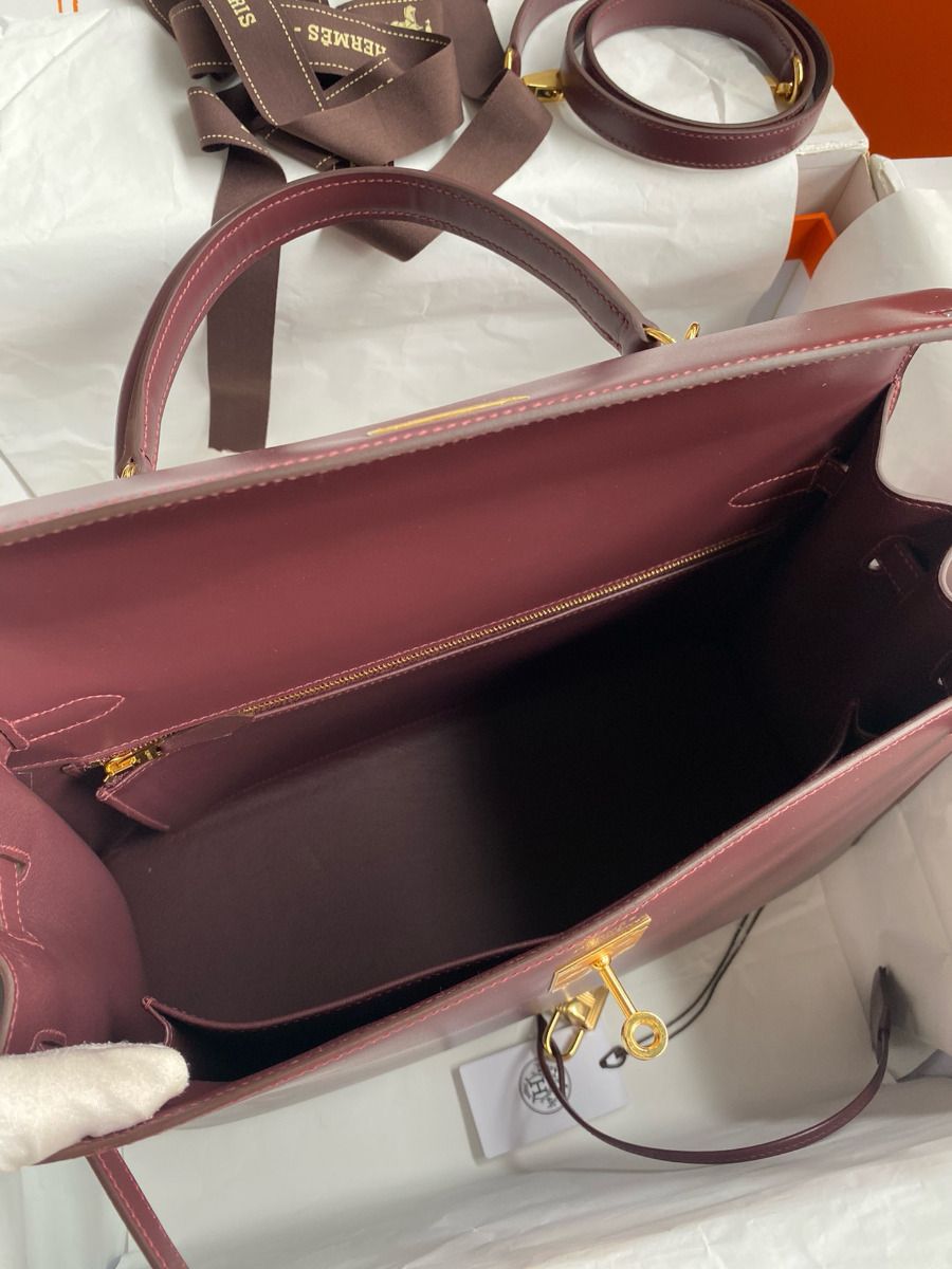 Hermes Kelly Sellier 35 Handmade Bag In Bordeaux Box Calfskin - Image 9
