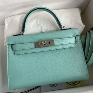 Hermes Kelly Mini II Verso Sellier Handmade Bag in Aqua Chevre Mysore Goatskin