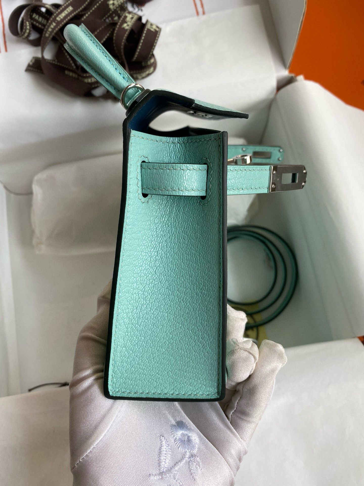 Hermes Kelly Mini II Verso Sellier Handmade Bag in Aqua Chevre Mysore Goatskin - Image 7