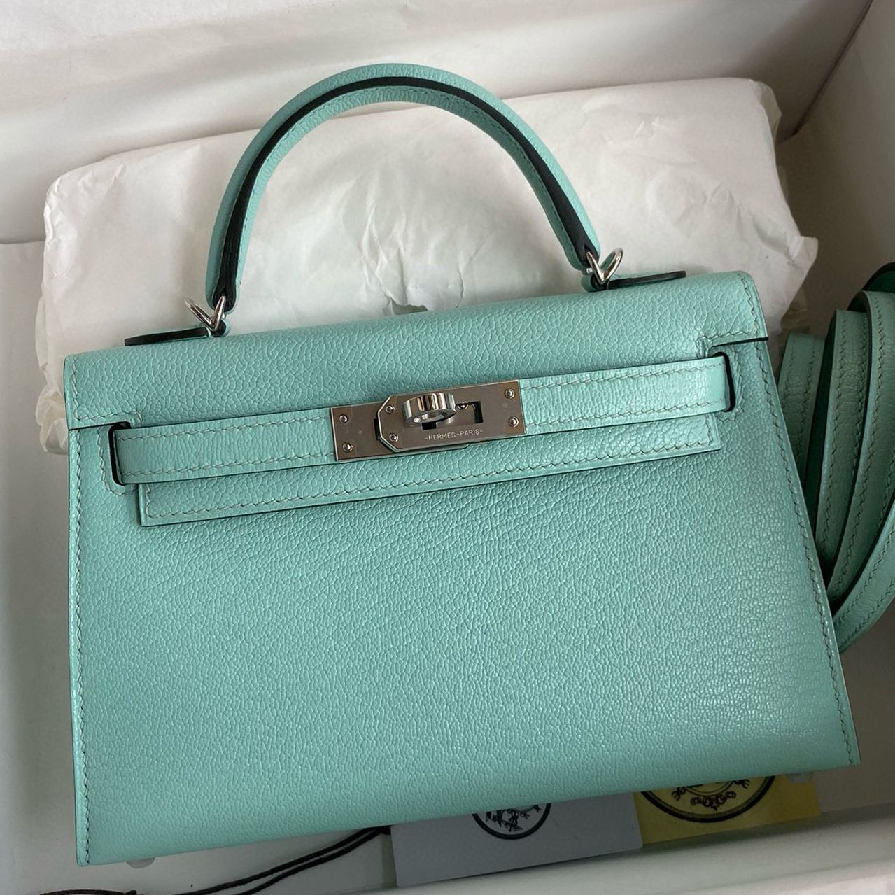 Hermes Kelly Mini II Verso Sellier Handmade Bag in Aqua Chevre Mysore Goatskin