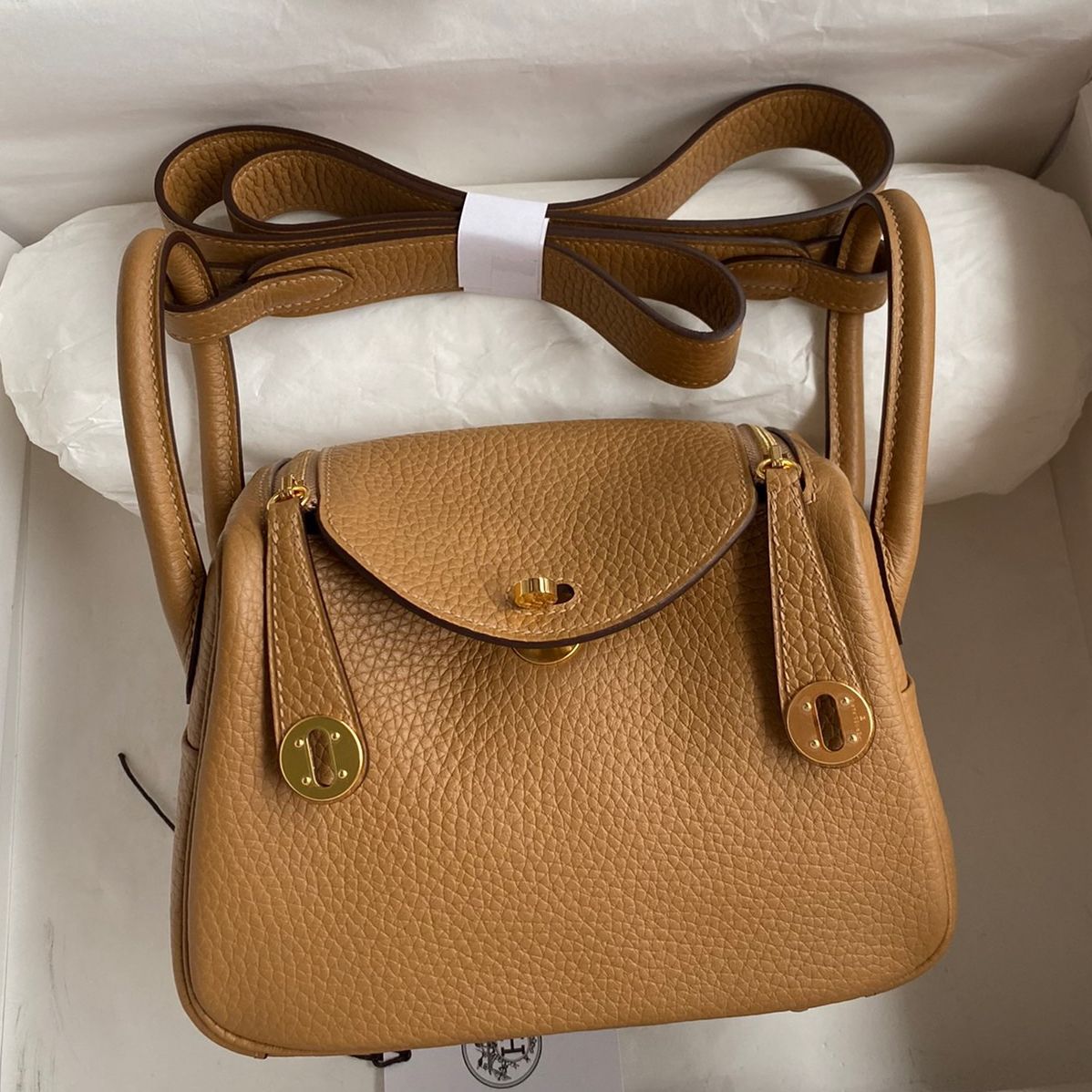 Hermes Mini Lindy Handmade Bag In Biscuit Clemence Leather