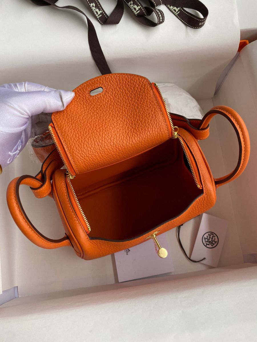 Hermes Mini Lindy Handmade Bag In Orange Clemence Leather - Image 7