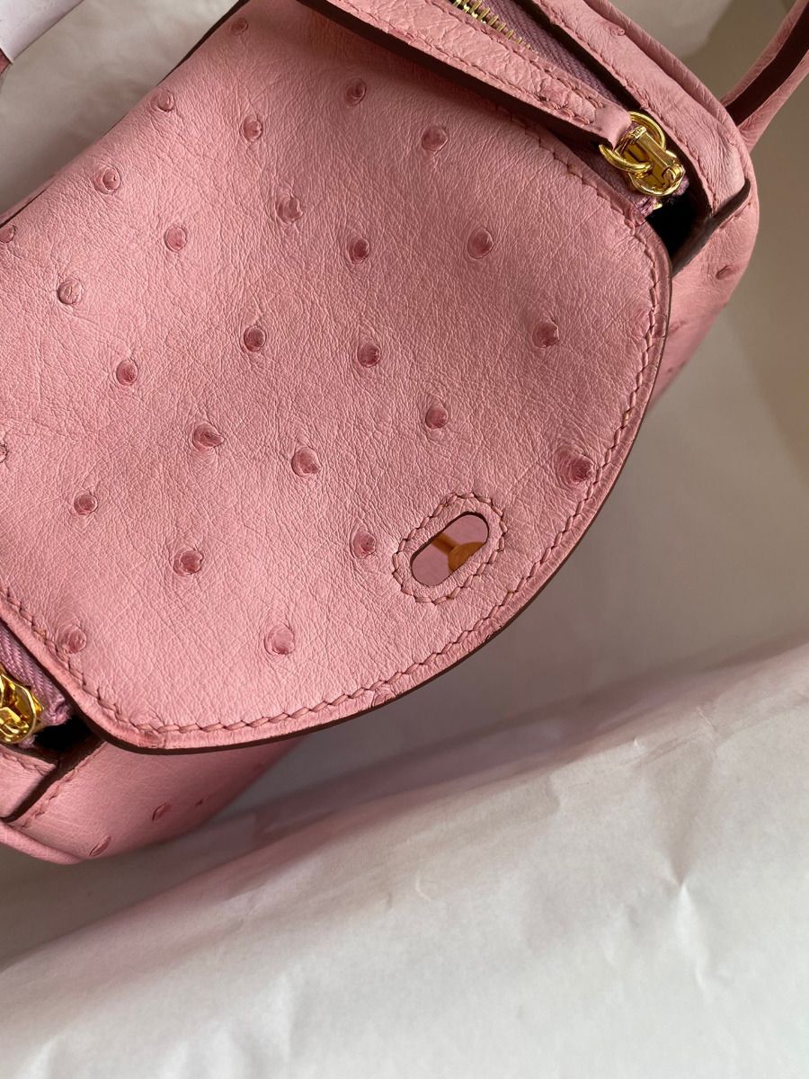 Hermes Mini Lindy Handmade Bag In Rose Sakura Ostrich Leather - Image 7
