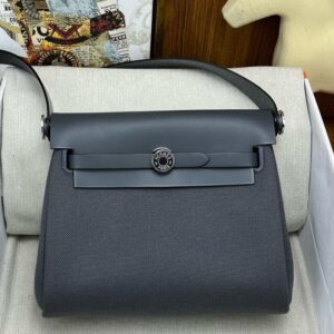 Hermes Herbag Zip 20 Bag in Canvas and Ardoise Hunter Calfskin