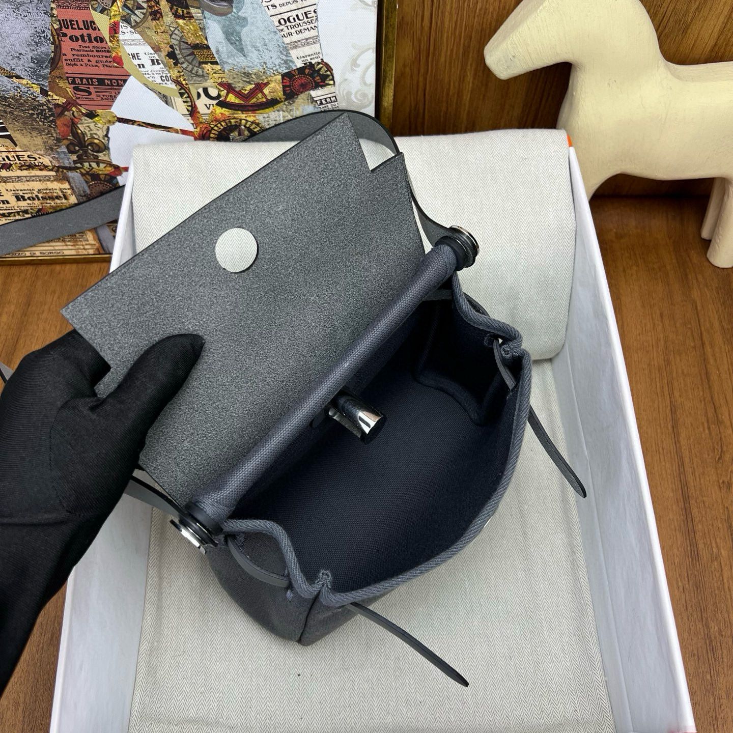 Hermes Herbag Zip 20 Bag in Canvas and Ardoise Hunter Calfskin - Image 6