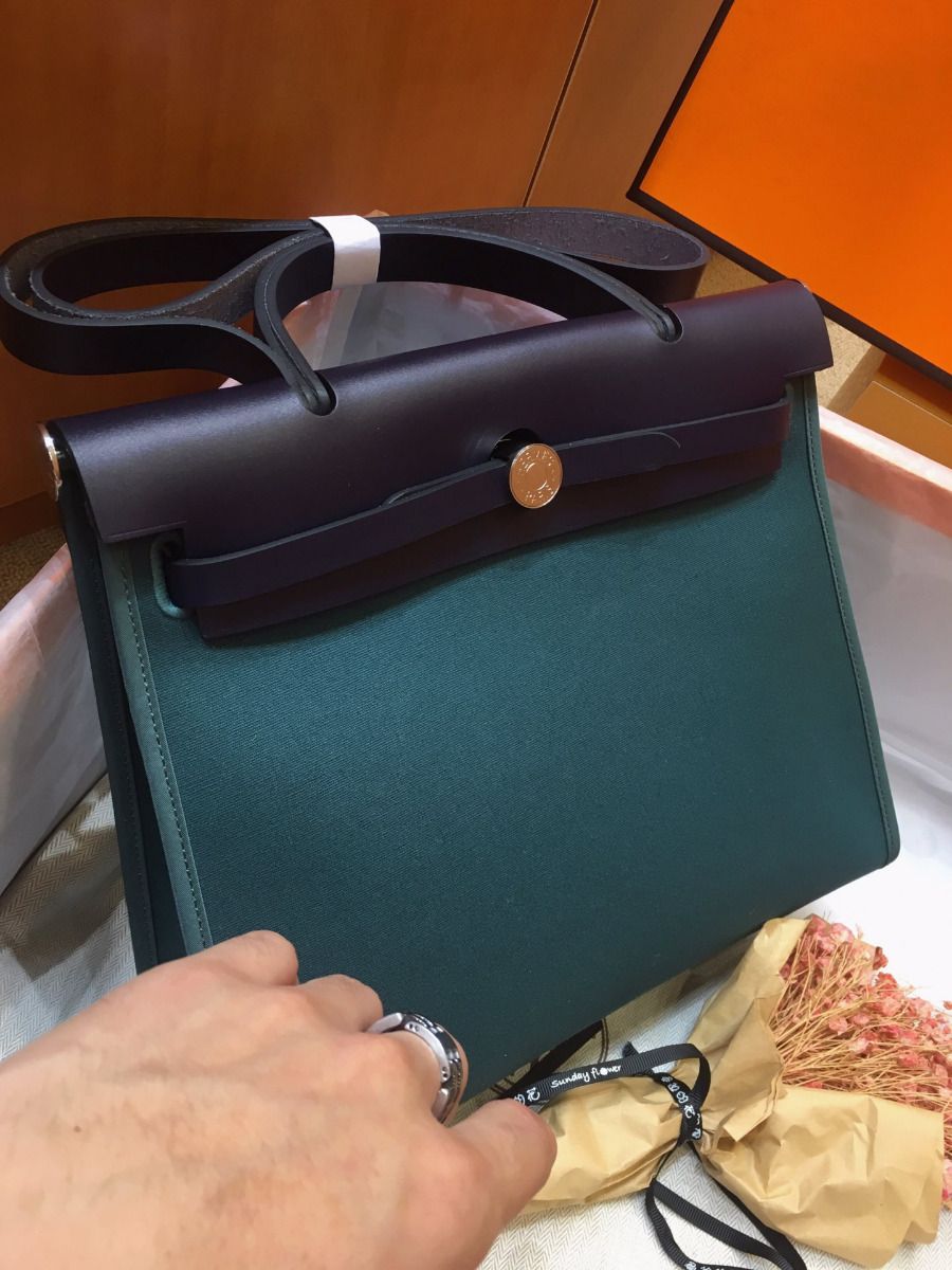 Hermes Herbag Zip 31cm Bag In Navy And Green - Image 6