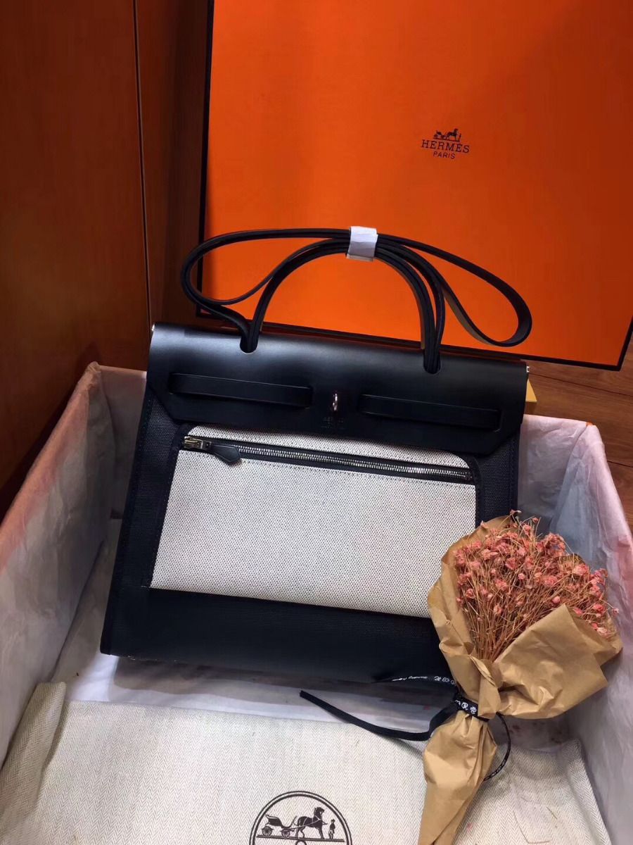 Hermes Herbag Zip 31cm Bag In Black Leather And Toile - Image 3