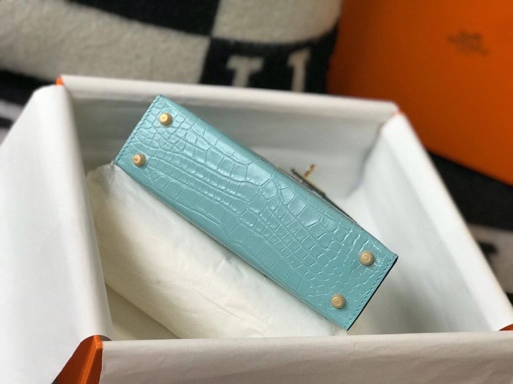 Hermes Kelly Mini II Bag In Blue Atoll Embossed Crocodile Leather - Image 7