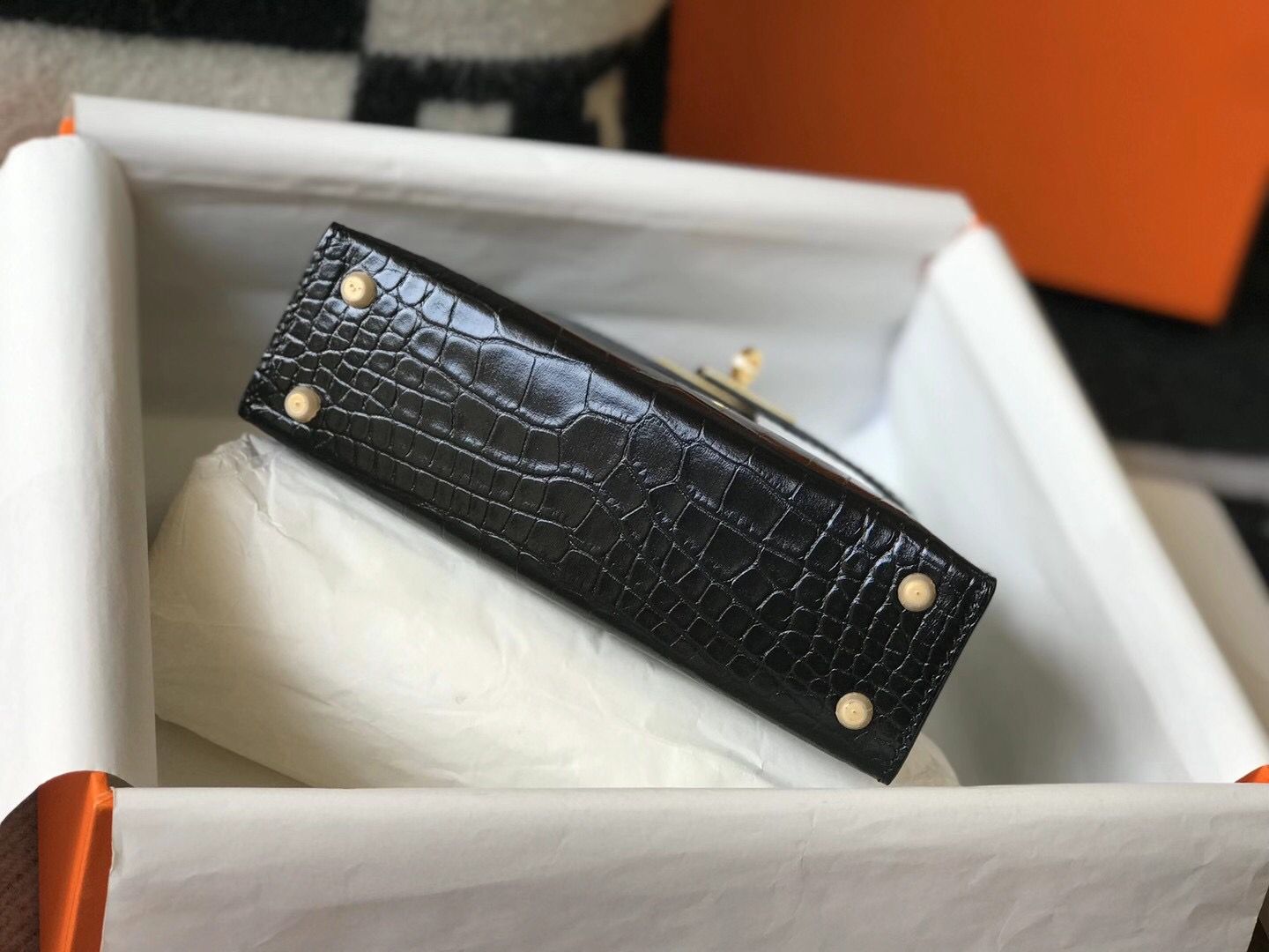 Hermes Kelly Mini II Bag In Black Embossed Crocodile Leather - Image 7