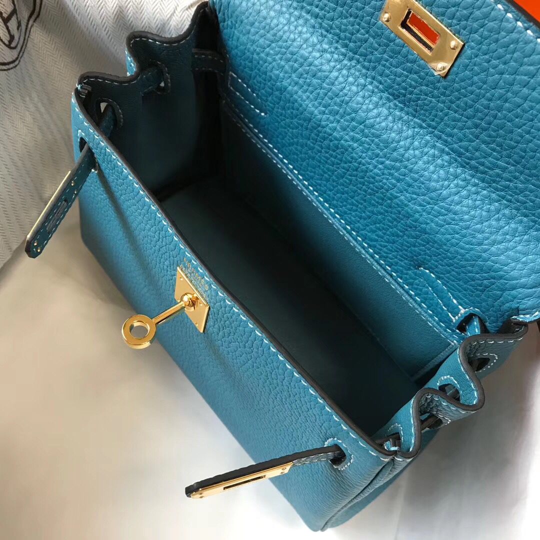 Hermes Kelly 20cm Bag In Blue Jean Clemence Leather GHW - Image 9
