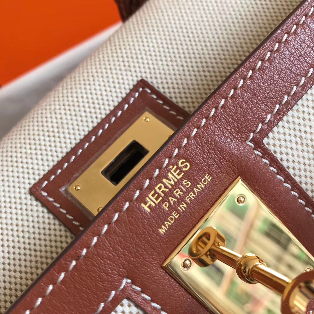 Hermes Kelly 28cm Bag In Canvas With Barenia Leather - Image 9