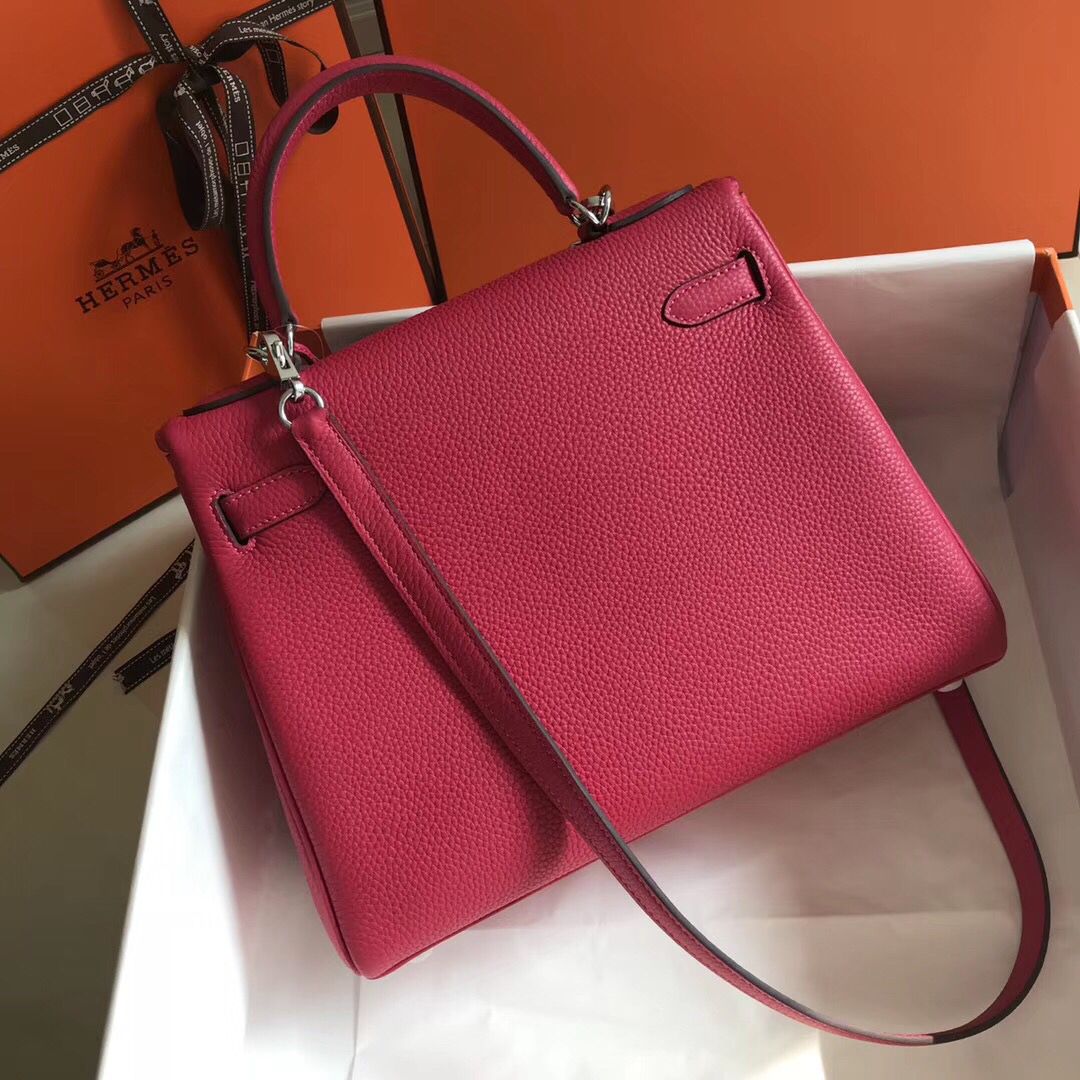 Hermes Kelly 28cm Bag In Rose Red Clemence Leather PHW - Image 3