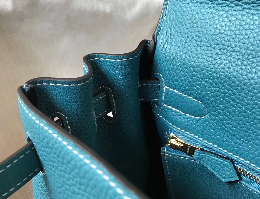 Hermes Kelly 32cm Bag In Blue Jean Clemence Leather GHW - Image 4