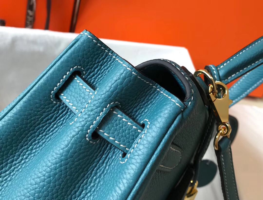 Hermes Kelly 32cm Bag In Blue Jean Clemence Leather GHW - Image 9
