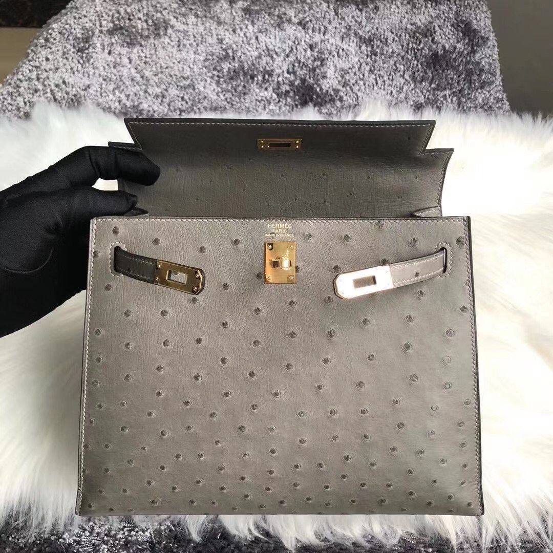 Hermes Kelly 25cm Handmade Bag In Gris Asphalt Ostrich Skin - Image 5