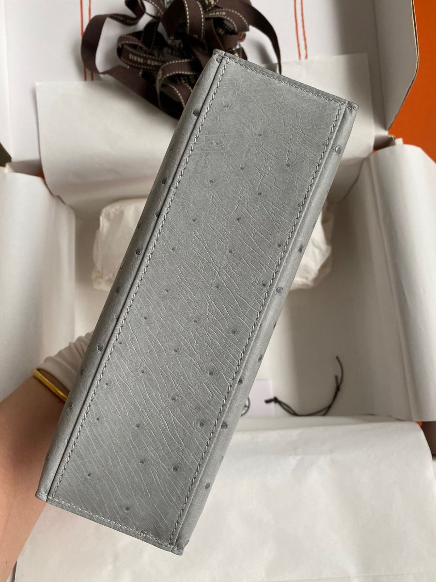 Hermes Kelly Pochette Handmade Bag In Blue Glacier Ostrich Leather - Image 4