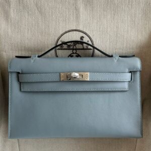 Hermes Kelly Pochette Handmade Bag in Blue Lin Swift Calfskin